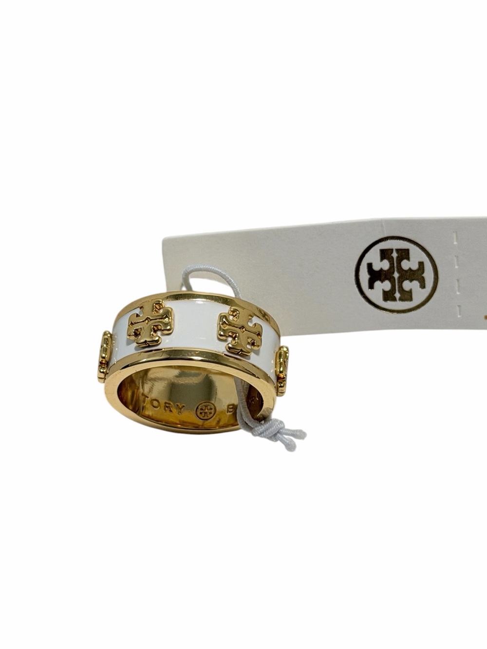 Tory Burch Kira Enamel Raised Logo Ring Gold and White size 7 NWT